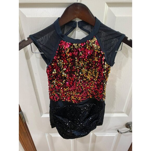 Jazz Hands by Weismann Girls Sequin Dance Costume Black/Red/Gold Size L - Picture 4 of 8